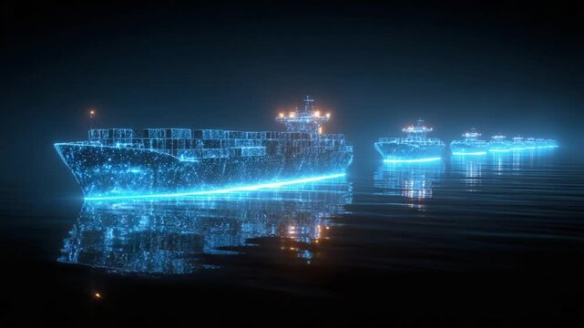Futuristic fleet of digital cargo container ships glowing with blue light sailing in a line on a dark, calm sea, representing modern global logistics, shipping industry, and maritime transport