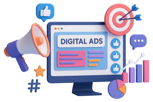 Digital ads marketing concept with computer screen megaphone target and social media icons graphic design isolated on a transparent background