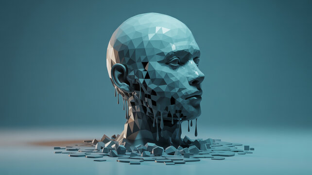 Low poly 3d render of a male head disintegrating into small pieces, concept of artificial intelligence and technology, on a blue background