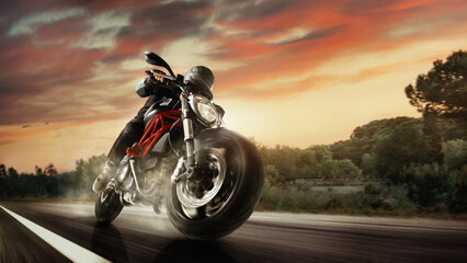 Dynamic collage with bottom view of motorcycle speeds on 3D rendered forest highway at sunset with glowing sky and motion blur effect on road. Concept of motorsport, speed, travel. © master1305
