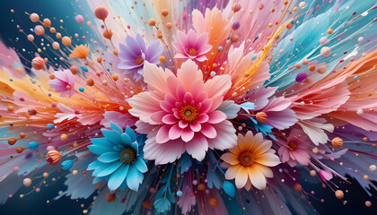 Vibrant Floral Explosion with Paint Splashes on Dark Blue Background