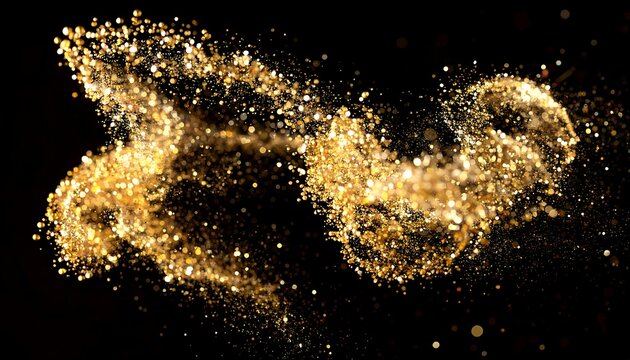 Abstract, swirling golden particles against a black backdrop. Tiny glowing orbs create ethereal, dynamic forms. Motion blur adds depth