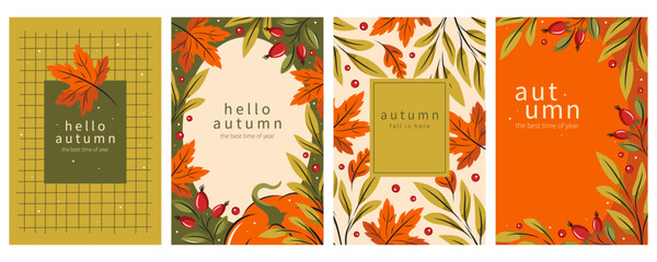 Autumn backgrounds with pumpkins, colorful autumn leaves, berries, rose hip. Set of seasonal postcard template with natural botanical elements. Vector illustration for holiday, advertising 