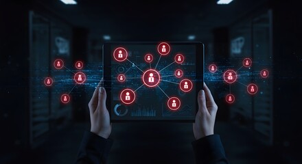 Digital Network Connections: People Icons on Tablet Screen in Server Room