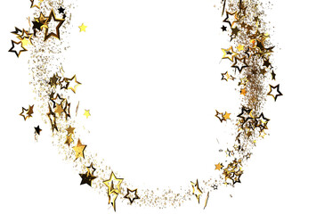 Elegant golden stars swirl creating a frame, perfect for celebratory designs, invitations, and holiday projects.  High-resolution image with transparent background.
