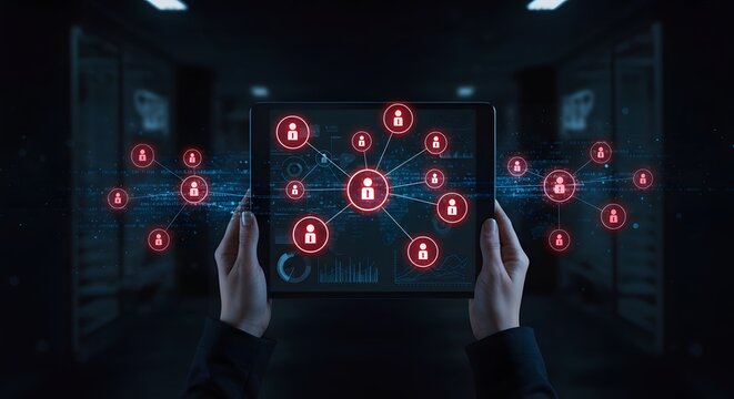 Digital Network Connections: People Icons on Tablet Screen in Server Room