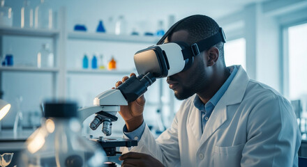 Scientist uses virtual reality headset with microscope for advanced research in bright modern laboratory