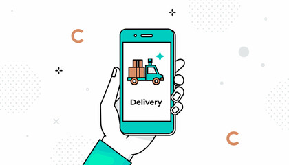 Hand holding smartphone displaying delivery service graphic  