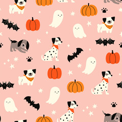 Happy Halloween vector seamless pattern. Cute dog, pumpkin, ghost on a pink background. Dog print in flat style.
