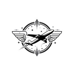 A classic black and white aviation emblem featuring a passenger jet soaring through a starry circle, flanked by stylized wings.