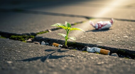 A small green plant growing through a crack in the pavement, with a discarded cigarette butt nearby.