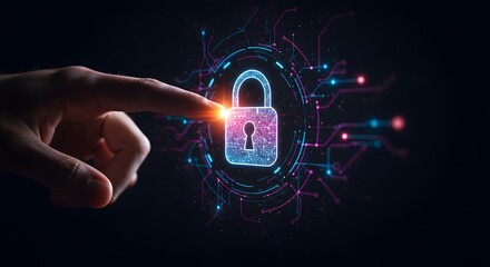 Digital Security Concept: Finger Touching Glowing Padlock Icon with Circuit Board Background