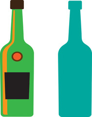 Two stylized glass bottles, one green with a label, the other teal against a white background. Vector Work