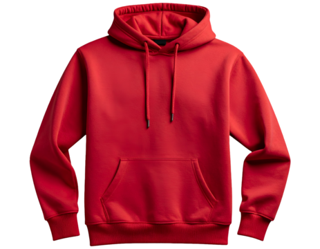 A vibrant red hoodie with a spacious front pocket and adjustable drawstrings, perfect for casual wear and comfort.