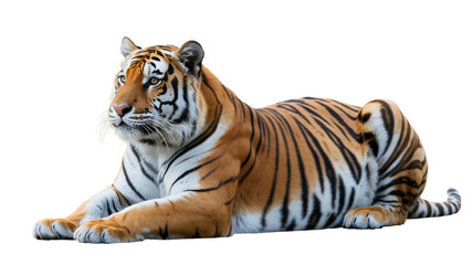 Bengal tiger resting isolated on white background, majestic predator with orange and black stripes, wildlife animal, endangered species, and carnivore