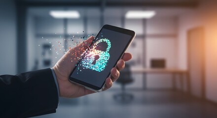 Digital Security Concept: Hand Holding Smartphone with Pixelated Padlock Icon