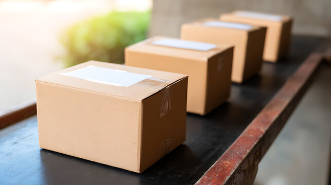 Row of cardboard boxes with labels on a conveyor belt in a shipping facility - Powered by Adobe