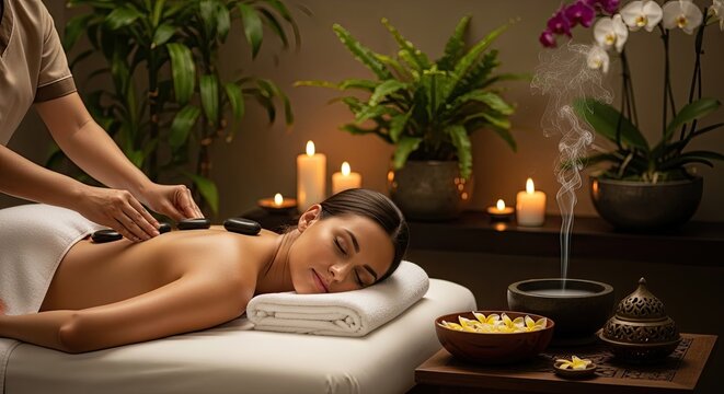 A serene spa setting with a woman receiving a hot stone massage. The environment is dimly lit with candles and plants, creating a relaxing atmosphere.