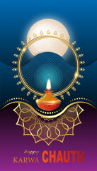 happy karwa chauth Indian festival with full moon and oil diya lamp, gold lotus decorative banner, vector illustration colorful card background