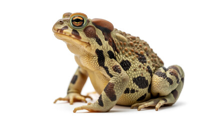 Naklejka premium A closeup studio shot of an american toad isolated on white background, showcasing its distinctive warty skin and mottled brown and black markings