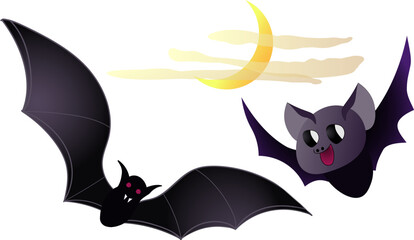 Fototapeta premium A graphic set featuring two purple bats and a yellow crescent moon with clouds. The designs are a mix of spooky and whimsical, perfect for Halloween clip art.