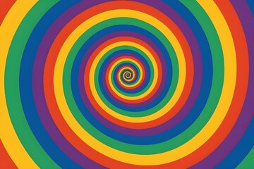 Flat vector illustration of a rainbow spiral pattern with vivid concentric swirls in red, orange, yellow, green, blue, and purple, creating a hypnotic optical illusion in bold abstract psychedelic