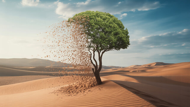 A lone tree stands in the desert, half of its leaves blowing away in the wind, symbolizing the fragility of life and the power of nature