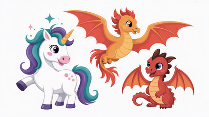 Obraz premium Cute cartoon unicorn with rainbow mane and tail and two dragons isolated on white background fantasy creatures for kids design concept
