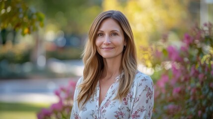 Portrait of a Smiling Woman in a Floral Blouse Surrounded by Nature