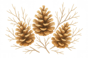 Watercolor pine cones with dried branches, hand drawn botanical illustration for winter holidays