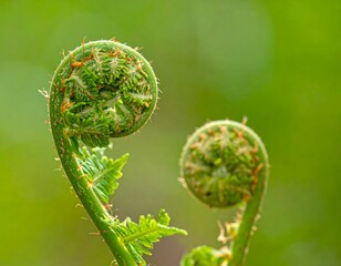 Close-up of two fern fronds unfurling