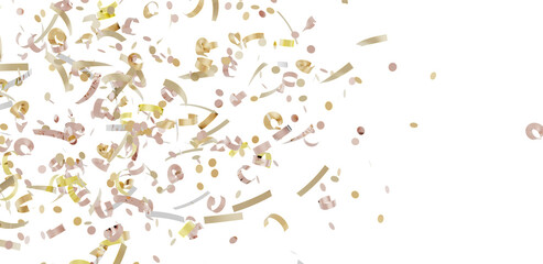 Beautiful image of gold and pink confetti falling on white background, perfect for celebratory designs.