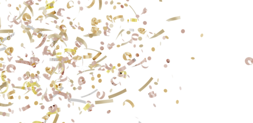 Beautiful image of gold and pink confetti falling on white background, perfect for celebratory designs.