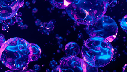 Purple and blue bubbles orbs floating in a dark liquid banner background 
