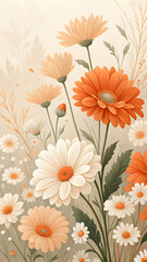 Illustrated Bouquet of Peach and White Daisies with Soft Background and Delicate Leaves