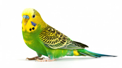 Obraz premium A beautiful green and yellow budgerigar isolated on white background, also known as a parakeet, perched and looking to the side