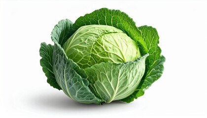 A fresh cabbage head with layered green leaves realistic detail white background with subtle shading
