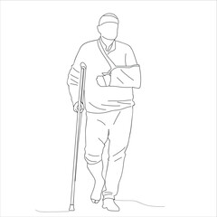 man using a cane because of a broken leg. A man with a broken arm and leg Man with injuries Fracture 