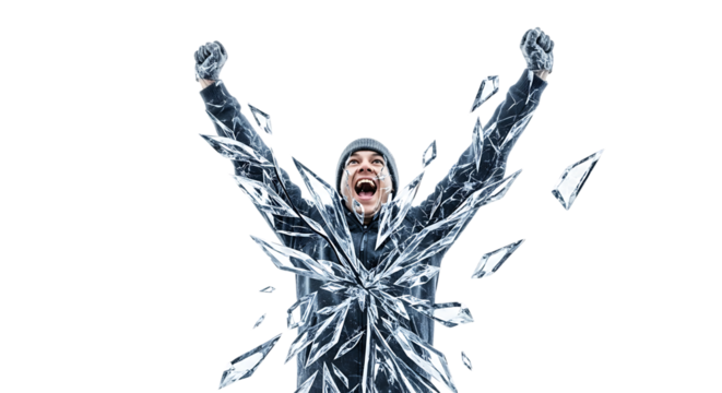 Man breaking out of ice, arms raised in victory, celebrating freedom and triumph, isolated transparent