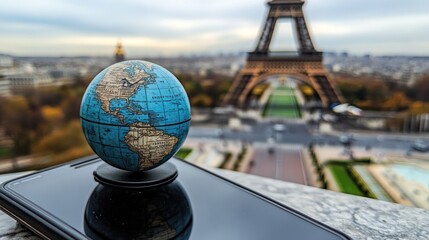 Miniature globe atop a phone, Parisian skyline in the background