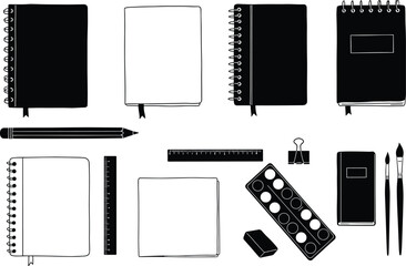 Black and white stationery illustration, notebooks pencils rulers eraser brushes binder clip watercolor palette, school office supplies, sketch vector design tools