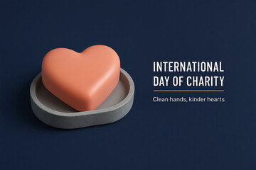 Heart-shaped soap on gray dish with International Day of Charity message on blue background symbolizing clean hands and kind hearts