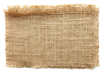 Torn burlap fabric piece with frayed edges isolated on a transparent background texture