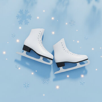 A pair of white figure skates on a pastel blue background with scattered snowflakes and glitter