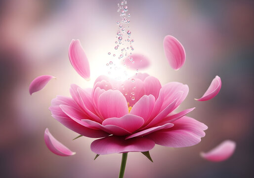 Graceful Bloom Captivating Pink Flower with Sparkling Water and Floating Petals