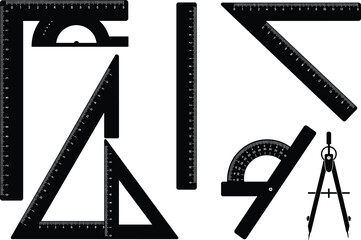 Silhouette geometry instruments set, ruler, compass, protractor, triangle, measuring tools, vector illustration, math supplies, drafting equipment, school drawing accessories, technical design kit