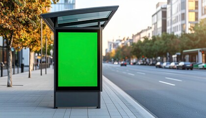 Urban Bus Stop Advertisement Mockup with Green Screen in Cityscape