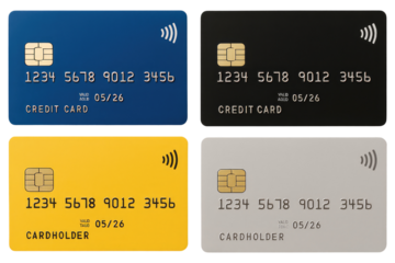 Four credit cards in blue black yellow and gray with contactless payment symbols graphic design isolated on a transparent background