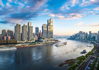 Aerial view of the modern city skyline and commercial building district on the riverfront at...
