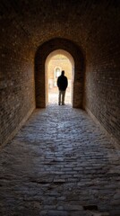 Obraz premium Person walking through old brick tunnel